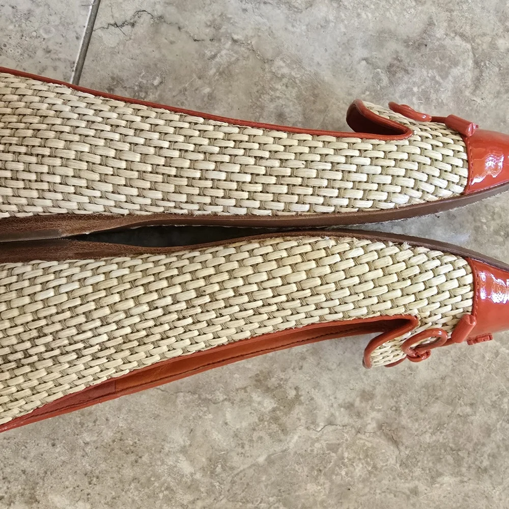 TORY BURCH Catherine orange patent with raffia smoking slippers flats shoes 5 - Picture 4 of 8